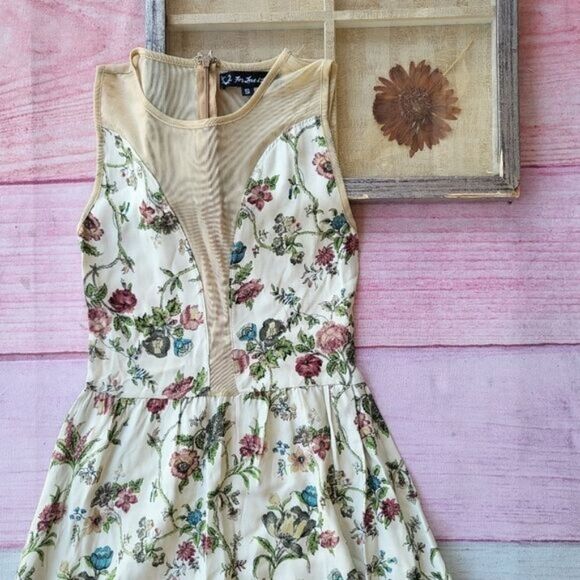 For Love & Lemons Beige Lulu Floral Sheer Mesh Flared Mini‎ Skater Dress Small - Picture 5 of 6